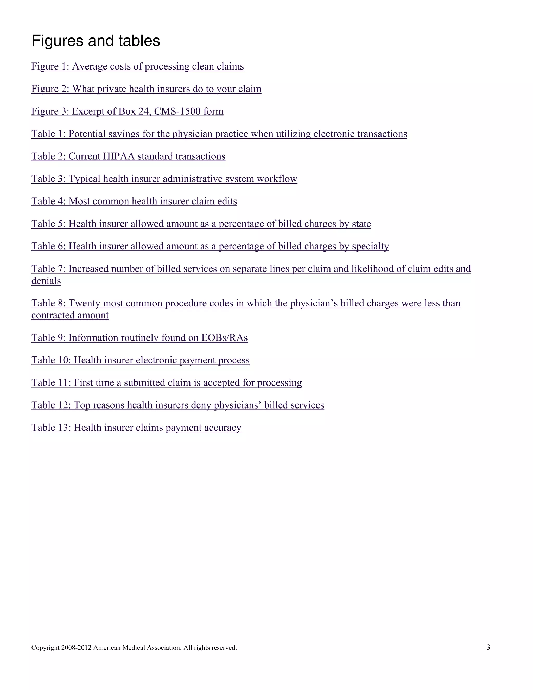 Figures and tables
Figure 1: Average costs of processing clean claims
Figure 2: What private health insurers do to your claim
Figure 3: Excerpt of Box 24, CMS-1500 form
Table 1: Potential savings for the physician practice when utilizing electronic transactions
Table 2: Current HIPAA standard transactions
Table 3: Typical health insurer administrative system workflow
Table 4: Most common health insurer claim edits
Table 5: Health insurer allowed amount as a percentage of billed charges by state
Table 6: Health insurer allowed amount as a percentage of billed charges by specialty
Table 7: Increased number of billed services on separate lines per claim and likelihood of claim edits and
denials
Table 8: Twenty most common procedure codes in which the physician’s billed charges were less than
contracted amount
Table 9: Information routinely found on EOBs/RAs
Table 10: Health insurer electronic payment process
Table 11: First time a submitted claim is accepted for processing
Table 12: Top reasons health insurers deny physicians’ billed services
Table 13: Health insurer claims payment accuracy

Copyright 2008-2012 American Medical Association. All rights reserved.

3

 
