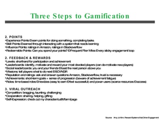 Three Steps to Gamification <ul><li>POINTS </li></ul><ul><li>Experience Points – earn points for doing something, completi...
