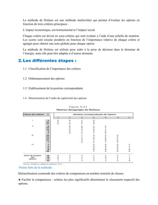 La méthode de Holmes est une méthode multicritère qui permet d’évaluer les options en
fonction de trois critères principaux :
L’impact économique, environnemental et l’impact social.
Chaque critère est divisé en sous-critères qui sont évalués a l’aide d’une échelle de notation.
Les scores sont ensuite pondérés en fonction de l’importance relative de chaque critère et
agrégés pour obtenir une note globale pour chaque option.
La méthode de Holmes est utilisée pour aider à la prise de décision dans le domaine de
l’énergie, mais elle peut être adaptée à d’autres domaine.
2.Les différentes étapes :
1.1 Classification de l’importance des critères
1.2 Ordonnancement des options
1.3 Etablissement de la position correspondante
1.4 Détermination de l’ordre de supériorité des options
-Points forts de la méthode :
Hiérarchisation commode des critères de comparaison en nombre restreint de classes.
 Facilite la comparaison : critères les plus significatifs déterminent le classement respectif des
options.
 
