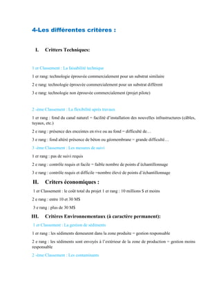 4-Les différentes critères :
I. Critters Techniques:
1 er Classement : La faisabilité technique
1 er rang: technologie éprouvée commercialement pour un substrat similaire
2 e rang: technologie éprouvée commercialement pour un substrat différent
3 e rang: technologie non éprouvée commercialement (projet pilote)
2 -ème Classement : La flexibilité après travaux
1 er rang : fond du canal naturel = facilité d’installation des nouvelles infrastructures (câbles,
tuyaux, etc.)
2 e rang : présence des enceintes en rive ou au fond = difficulté de…
3 e rang : fond altéré présence de béton ou géomembrane = grande difficulté…
3 -ème Classement : Les mesures de suivi
1 er rang : pas de suivi requis
2 e rang : contrôle requis et facile = faible nombre de points d’échantillonnage
3 e rang : contrôle requis et difficile =nombre élevé de points d’échantillonnage
II. Criters économiques :
1 er Classement : le coût total du projet 1 er rang : 10 millions $ et moins
2 e rang : entre 10 et 30 M$
3 e rang : plus de 30 M$
III. Critères Environnementaux (à caractère permanent):
1 er Classement : La gestion de sédiments
1 er rang : les sédiments demeurent dans la zone produite = gestion responsable
2 e rang : les sédiments sont envoyés à l’extérieur de la zone de production = gestion moins
responsable
2 -ème Classement : Les contaminants
 