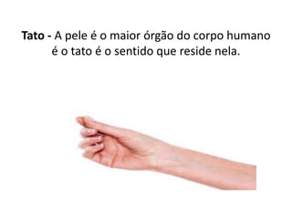Tato - A pele é o maior órgão do corpo humano
é o tato é o sentido que reside nela.
 