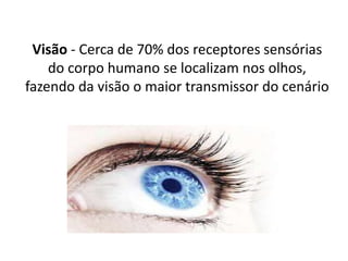 Visão - Cerca de 70% dos receptores sensórias
do corpo humano se localizam nos olhos,
fazendo da visão o maior transmissor do cenário
 