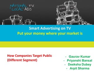 Smart Advertising on TV
Put your money where your market is
- Gaurav Kumar
- Priyanshi Bansal
- Deeksha Dubey
- Arpit Sharma
How Companies Target Public
(Different Segment)
 