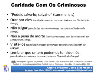 Caridade Com Os Criminosos
Amar o Próximo Como a Si Mesmo
Orador: Cyro Neto (SESF – Araruama) – cyroneto2018@gmail.com
• “Podeis salvá-lo; salvai-o” (Lammenais)
• Orar por eles (conclusões nossas com bases textuais em Elizabeth de
França)
• Não Julgar (conclusões nossas com bases textuais em Elizabeth de
França)
• Não a pena de morte (conclusões nossas com bases textuais em
Elizabeth de França)
• Visitá-los (conclusões nossas com bases textuais em Elizabeth de
França)
• Lembrar que ontem podemos ter sido nós!
(conclusões nossas com bases textuais em Elizabeth de França)
Ref.: O Evangelho Segundo o Espiritismo (Allan Kardec – Trad. J. Herculano Pires – 70ª Edição – 02/2013
Capítulo XI – Instruções dos Espíritos: Caridade com os Criminosos – itens 14 e 15 – Página 154 a 156)
 