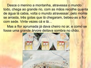 Desce o menino a montanha, atravessa o mundo
todo, chega ao grande rio, com as mãos recolhe quanta
de água lá cabia, volta o mundo atravessar, pelo monte
se arrasta, três gotas que lá chegaram, bebeu-as a flor
com sede. Vinte vezes cá e lá…
Mas a flor aprumada já dava cheiro no ar, e como se
fosse uma grande árvore deitava sombra no chão.
 