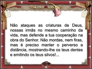 Não ataques as criaturas de Deus,
nossas irmãs no mesmo caminho da
vida, mas defende a tua cooperação na
obra do Senhor. Não mordas, nem firas,
mas é preciso manter o perverso a
distância, mostrando-lhe os teus dentes
e emitindo os teus silvos!...
 