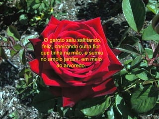 O garoto saiu saltitando,
feliz, cheirando outra flor
que tinha na mão, e sumiu
no amplo jardim, em meio
ao arvoredo.
 