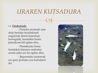 
URAREN KUTSADURA
 Ondorioak:
-. Portuko arrainek uste
dute bertako hondakinak
ongarriak direla haientzat,
horregatik, hondakin haien
jaterakoan hil egiten dira.
- Plastikozko beste
hondakin batzuen ondorioz
arrain asko ere ito egiten dira.
- Baporetako motorrak
ere gure portuko ura kutsatzen
du.
 
