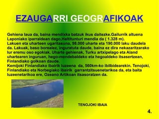EZAUGARRI GEOGRAFIKOAK
Gehiena laua da, baina mendixka batzuk ikus daitezke.Gailurrik altuena
Laponiako iparraldean dago,Haltitunturi mendia da ( 1.328 m).
Lakuen eta uharteen ugaritasuna, 98.000 uharte eta 190.000 laku daudela
da. Lakuak, baso borealez, inguratuta daude, baina ez dira nekazaritzarako
lur eremu oso egokiak. Uharte gehienak, Turku artxipelago eta Aland
uhartearen inguruan, hego-mendebaldeko eta hegoaldeko itsasertzean,
Finlandiako golkoan daude.
Kemijoki Finlandiako ibairik luzeena da, 560km-ko ibilbidearekin. Tenojoki,
Finlandiako eta Norbegiako ibairik garrantzitsuenetarikoa da, eta baita
luzeenetarikoa ere, Ozeano Artikoan itsasoratzen da.
TENOJOKI IBAIA
4.
 