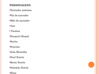 PERSONAGENS
•Narrador anônimo
•Pai do narrador
•Mãe do narrador
•Ana
• Paulina
•Ezequiel (Zequi)
•Sarita
•Iracema
•João Mortalha
•Noel Nutels
•Berta Nutels
•Salomão Nutels
•Elisa
 