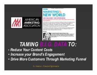 Dr. Natalie L. Petouhoff @drnatalie
TAMING B.I.G. DATA TO:
X
• Reduce Your Content Costs
• Increase your Brand’s Engagement
• Drive More Customers Through Marketing Funnel
 