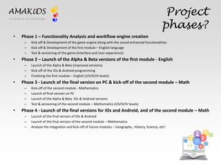 Project 
phases? 
AMAKiDS 
A window to knowledge 
• Phase 1 – Functionality Analysis and workflow engine creation 
– Kick-off & Development of the game engine along with the sound enhanced functionalities 
– Kick-off & Development of the first module – English language 
– Test & versioning of the game (Interface and User experience) 
• Phase 2 – Launch of the Alpha & Beta versions of the first module - English 
– Launch of the Alpha & Beta (improved versions) 
– Kick-off of the IOs & Android programming 
– Finalizing the first module – English (I/II/III/IV levels) 
• Phase 3 - Launch of the final version on PC & kick-off of the second module – Math 
– Kick-off of the second module - Mathematics 
– Launch of final version on PC 
– Launch of the Alpha & Beta IOs & Android versions 
– Test & versioning of the second module – Mathematics (I/II/III/IV levels) 
• Phase 4 - Launch of the final versions for IOs and Android, and of the second module – Math 
– Launch of the final version of IOs & Android 
– Launch of the final version of the second module – Mathematics 
– Analyse the integration and kick-off of future modules – Geography , History, Science, etc! 
EN 
IT 
 