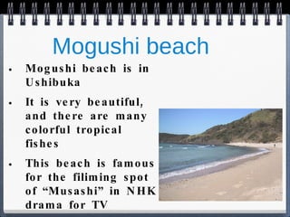 Mogushi beach Mogushi beach is in Ushibuka It is very beautiful, and there are many colorful tropical fishes This beach is famous for the filiming spot of “Musashi” in NHK drama for TV 