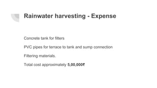 Rainwater harvesting - Expense
Concrete tank for filters
PVC pipes for terrace to tank and sump connection
Filtering mater...