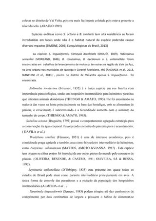 coletas no distrito de Vai Volta, pois era mais facilmente coletada pois estava presente a
nível do solo. (ARAÚJO 1989)
Espécies exóticas como S. octona e B. similaris tem alta resistência se forem
introduzidas em locais onde não é o habitat natural da espécie podendo causar
diversos impactos (SIMONE, 2006; Conquiologistas do Brasil, 2013)
As espécies S. linguaeformis, Tamayoa decolorata (DROUËT, 1859), Habroconus
semenlini (MORICAND, 1846), B. tenuissimus, B. beckianum e L. unilamellata foram
encontradas em trabalhos de levantamento de moluscos terrestres na região do Vale do Aço,
na área urbana nos municípios de Ipatinga e Coronel Fabriciano, MG (ANDRADE et al., 2013,
BIANCHINI et al., 2013) , porém no distrito de Vai-Volta apenas S. linguaeformis foi
encontrada.
Bulimulus tenuissimu (Férussac, 1832) é a única espécie em sua família com
importância parasitológica, sendo um hospedeiro intermediário para helmintos parasitas
que infestam animais domésticos (THIENGO & AMATO, 1995). Ele foi encontrado na
maioria das vezes na horta principalmente na base das hortaliças, pois se alimentam de
plantas, o crescimento é indeterminado e a fecundidade aumenta com o aumento do
tamanho do corpo. (THIENGO & AMATO, 1995).
Subulina octona (Bruguière, 1792) possui o comportamento agregado estratégia para
a conservação da água corporal. Favorecendo encontro do parceiro para o acasalamento.
( DAVILA et al.,)
Bradybena similari (Férussac, 1821) é uma de interesse econômico, pois é
considerada praga agrícola e também atua como hospedeiro intermediário de helmintos,
como Eurytema colematicum (MATTOS, AMOTO &VIANNA, 1987) . Esta espécie
tem origem na china porém foi introduzida em outras partes do mundo pelo comercio de
plantas. (OLIVEIRA, RESENDE, & CASTRO, 1981; OLIVEIRA, SÁ & BESSA,
1992).
Leptinaria unilamellata (D’Orbigny, 1835) esta presente em quase todos os
estados do Brasil pode atuar como parasita intermediário principamente em aves. A
única forma de controle das parasitoses e a redução da população dos hospedeiros
intermediários (ALMEIDA et al ., )
Sarasinula linguaeformis (Semper, 1885) podem atingira até dez centímetros de
comprimento por dois centímetros de largura e possuem o hábito de alimentar-se
 