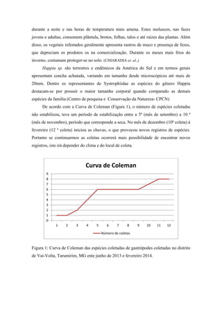 durante a noite e nas horas de temperatura mais amena. Estes moluscos, nas fazes
jovens e adultas, consomem plântula, brotos, folhas, talos e até raízes das plantas. Além
disso, os vegetais infestados geralmente apresenta rastros de muco e presença de fezes,
que depreciam os produtos os na comercialização. Durante os meses mais frios do
inverno, costumam proteger-se no solo. (CHIARADIA et. al.,)
Happia sp. são terrestres e endêmicos da América do Sul e em termos gerais
apresentam concha achatada, variando em tamanho desde microscópicos até mais de
20mm. Dentre os representantes de Systrophiidae as espécies do gênero Happia
destacam-se por possuir o maior tamanho corporal quando comparado as demais
espécies da família (Centro de pesquisa e Conservação da Natureza- CPCN)
De acordo com a Curva de Coleman (Figura 1), o número de espécies coletadas
não estabilizou, teve um período de estabilização entre a 5ª (mês de setembro) a 10 ª
(mês de novembro), período que corresponde a seca. No mês de dezembro (10ª coleta) á
fevereiro (12 ª coleta) iniciou as chuvas, o que provocou novos registros de espécies.
Portanto se continuarmos as coletas ocorrerá mais possibilidade de encontrar novos
registros, isto irá depender do clima e do local de coleta.
Figura 1: Curva de Coleman das espécies coletadas de gastrópodes coletadas no distrito
de Vai-Volta, Tarumirim, MG ente junho de 2013 e fevereiro 2014.
0
1
2
3
4
5
6
7
8
9
1 2 3 4 5 6 7 8 9 10 11 12
Curva de Coleman
Número de coletas
 