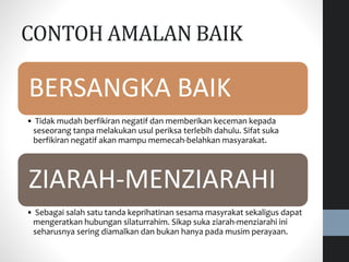 CONTOH AMALAN BAIK
BERSANGKA BAIK
• Tidak mudah berfikiran negatif dan memberikan keceman kepada
seseorang tanpa melakukan usul periksa terlebih dahulu. Sifat suka
berfikiran negatif akan mampu memecah-belahkan masyarakat.
ZIARAH-MENZIARAHI
• Sebagai salah satu tanda keprihatinan sesama masyrakat sekaligus dapat
mengeratkan hubungan silaturrahim. Sikap suka ziarah-menziarahi ini
seharusnya sering diamalkan dan bukan hanya pada musim perayaan.
 