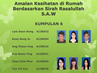 Amalan Kesihatan di Rumah
Berdasarkan Sirah Rasalullah
S.A.W
KUMPULAN 6
Lam Soon Hong A138542
Koay Sang Ju A138494
Ang Choon Ung A138515
Pua Swee Ying A138551
Chen Chie Phui A138564
Tan Yih Fen A138578
 