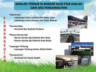 AMALAN TERBAIK DI BANDAR ALOR STAR ADALAH
DARI SEGI PENGANGKUTAN
P
E
N
G
A
N
G
K
U
T
A
N
*Lebuhraya
-Lebuhraya Utara Selatan Alor Setar Utara
-Lebuhraya Utara Selatan Alor Setar Selatan
*Terminal Bas
-Terminal Bas Shahab Perdana
*Stesen Kereta Api
-Stesen Kereta Api Elektrik Alor Setar
-Stesen Kereta Api Elektrik Anak Bukit
*Lapangan Terbang
-Lapangan Terbang Sultan Abdul Halim
*Terminal Feri
-Terminal Feri Kuala Kedah
 