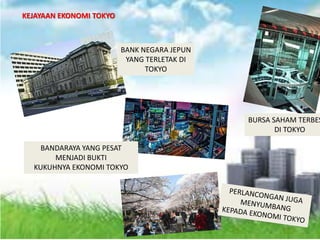 BANK NEGARA JEPUN
YANG TERLETAK DI
TOKYO
BURSA SAHAM TERBES
DI TOKYO
BANDARAYA YANG PESAT
MENJADI BUKTI
KUKUHNYA EKONOMI TOKYO
KEJAYAAN EKONOMI TOKYO
 