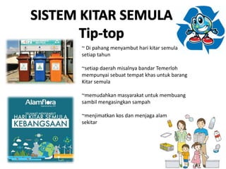 ~ Di pahang menyambut hari kitar semula
setiap tahun
~setiap daerah misalnya bandar Temerloh
mempunyai sebuat tempat khas untuk barang
Kitar semula
~memudahkan masyarakat untuk membuang
sambil mengasingkan sampah
~menjimatkan kos dan menjaga alam
sekitar
 