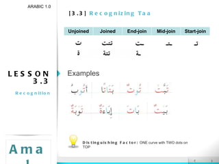 [3.3]  Recognizing Taa ARABIC 1.0 Amal LESSON 3.3 Recognition Examples Distinguishing Factor:  ONE curve with TWO dots on TOP Unjoined Joined End-join Mid-join Start-join 