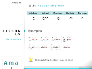 [3.5]  Recognizing Haa ARABIC 1.0 Amal LESSON 3.5 Recognition Examples Distinguishing Factor:  > shape with NO dot Unjoined Joined End-join Mid-join Start-join 