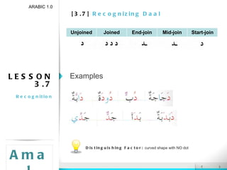 [3.7]  Recognizing Daal ARABIC 1.0 Amal LESSON 3.7 Recognition Examples Distinguishing Factor:  curved shape with NO dot Unjoined Joined End-join Mid-join Start-join 