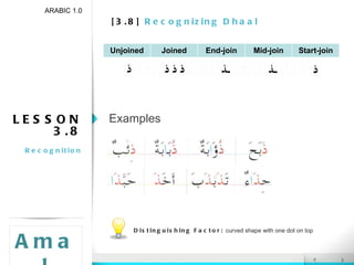 [3.8]  Recognizing Dhaal ARABIC 1.0 Amal LESSON 3.8 Recognition Examples Distinguishing Factor:  curved shape with one dot on top Unjoined Joined End-join Mid-join Start-join 