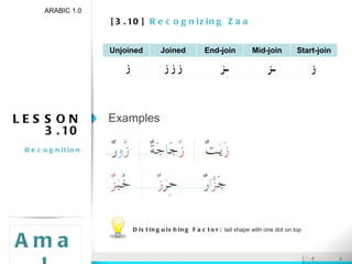 [3.10]  Recognizing Zaa ARABIC 1.0 Amal LESSON 3.10 Recognition Examples Distinguishing Factor:  tail shape with one dot on top Unjoined Joined End-join Mid-join Start-join 