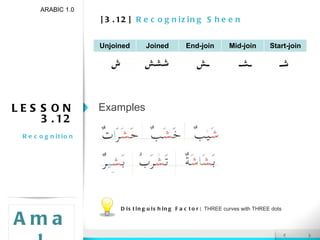 [3.12]  Recognizing Sheen ARABIC 1.0 Amal LESSON 3.12 Recognition Examples Distinguishing Factor:  THREE curves with THREE dots Unjoined Joined End-join Mid-join Start-join 