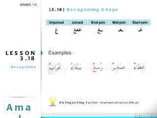 [3.18]  Recognizing Ghayn ARABIC 1.0 Amal LESSON 3.18 Recognition Examples Distinguishing Factor:  Small head with tail and ONE dot Unjoined Joined End-join Mid-join Start-join 