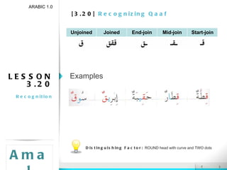 [3.20]  Recognizing Qaaf ARABIC 1.0 Amal LESSON 3.20 Recognition Examples Distinguishing Factor:  ROUND head with curve and TWO dots Unjoined Joined End-join Mid-join Start-join 