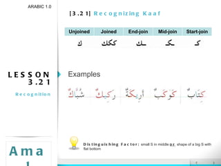 [3.21]  Recognizing Kaaf ARABIC 1.0 Amal LESSON 3.21 Recognition Examples Distinguishing Factor:  small S in middle  or   shape of a big S with flat bottom Unjoined Joined End-join Mid-join Start-join 