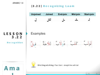 [3.22]  Recognizing Laam ARABIC 1.0 Amal LESSON 3.22 Recognition Examples Distinguishing Factor:  straight line with tail Unjoined Joined End-join Mid-join Start-join 