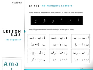[3.28]  The Naughty Letters ARABIC 1.0 Amal LESSON 3.28 Recognition These letters do not join with a letter in FRONT of them (i.e. to the left of them) They only join with letters BEHIND them (i.e. to the right of them) 