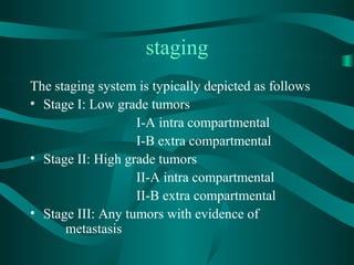staging
The staging system is typically depicted as follows
• Stage I: Low grade tumors
                   I-A intra compartmental
                   I-B extra compartmental
• Stage II: High grade tumors
                   II-A intra compartmental
                   II-B extra compartmental
• Stage III: Any tumors with evidence of
      metastasis
 