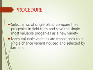 PROCEDURE
Select a no. of single plant, compare their
progenies in field trials and save the single
most valuable progenies as a new variety.
Many valuable varieties are traced back to a
single chance variant noticed and selected by
farmers.
 