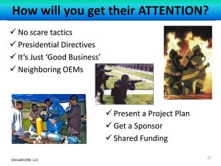 ©AmalfiCORE, LLC
How will you get their ATTENTION?
22
 No scare tactics
 Presidential Directives
 It’s Just ‘Good Business’
 Neighboring OEMs
 Present a Project Plan
 Get a Sponsor
 Shared Funding
 