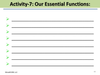 ©AmalfiCORE, LLC 44©AmalfiCORE, LLC
 _____________________________________
 _____________________________________
 _____________________________________
 _____________________________________
 _____________________________________
 _____________________________________
 _____________________________________
 _____________________________________
Activity-7: Our Essential Functions:
 