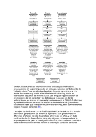 Existen pocas fuentes de información sobre técnicas gravimétricas de
procesamiento en su primer periodo, sin embargo, sabemos por la leyenda del
"vellocino de oro" que se utilizaban las pieles de oveja para recuperar oro
aluvial de manera muy similar a las alfombras utilizadas hoy en día en
operaciones pequeñas de minería aluvial. Los antiguos egipcios usaron los
predecesores de las canaletas y las bateas para recuperar oro de los
sedimentos de los arroyos en épocas tan antiguas como el 2.000 A.C. Georgius
Agrícola describe una variedad de artefactos de concentración gravimétrica
utilizados en 1556 que se siguen utilizando el día de hoy, tales como diferentes
tipos de mesas y canaletas (66).
La mejora de técnicas de concentración gravimétrica siempre ha sido un reto
para varias generaciones de mineros e ingenieros, y un gran número de
diferentes artefactos ha sido desarrollado a través de los años, y sin duda
continuarán siendo desarrollados otros más. Algunos no han pasado de la
etapa experimental, pero la investigación científica y las constantes pruebas a
base de eliminación de errores llevaron a una mejora constante de dichas

 