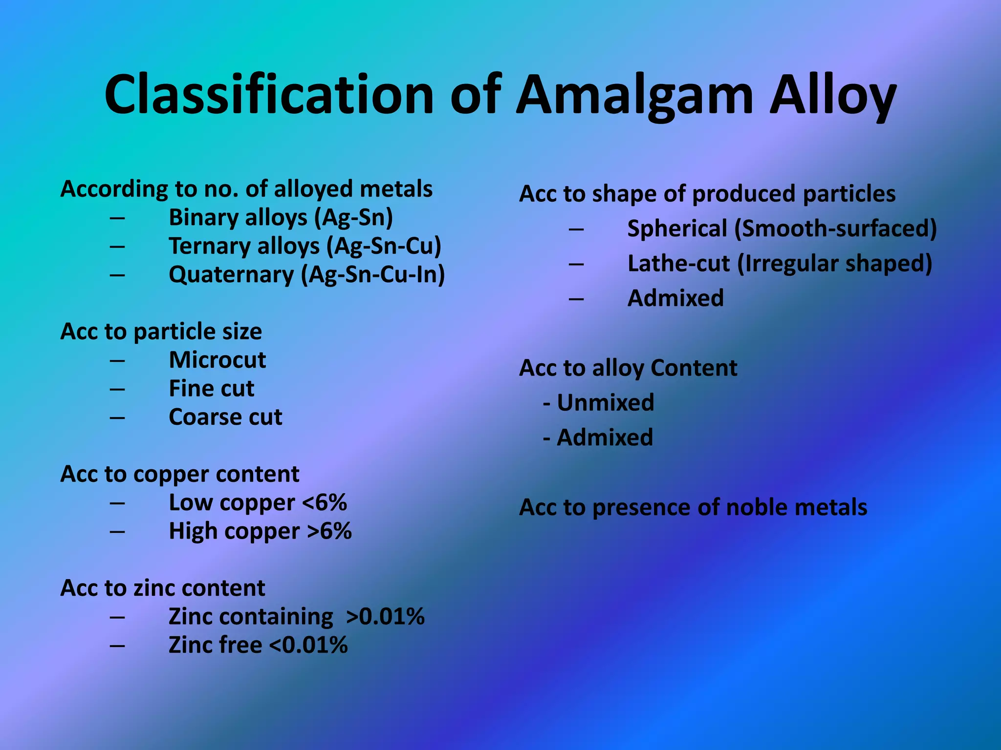 Classification of Amalgam Alloy
According to no. of alloyed metals
– Binary alloys (Ag-Sn)
– Ternary alloys (Ag-Sn-Cu)
– Quaternary (Ag-Sn-Cu-In)
Acc to particle size
– Microcut
– Fine cut
– Coarse cut
Acc to copper content
– Low copper <6%
– High copper >6%
Acc to zinc content
– Zinc containing >0.01%
– Zinc free <0.01%
Acc to shape of produced particles
– Spherical (Smooth-surfaced)
– Lathe-cut (Irregular shaped)
– Admixed
Acc to alloy Content
- Unmixed
- Admixed
Acc to presence of noble metals
 