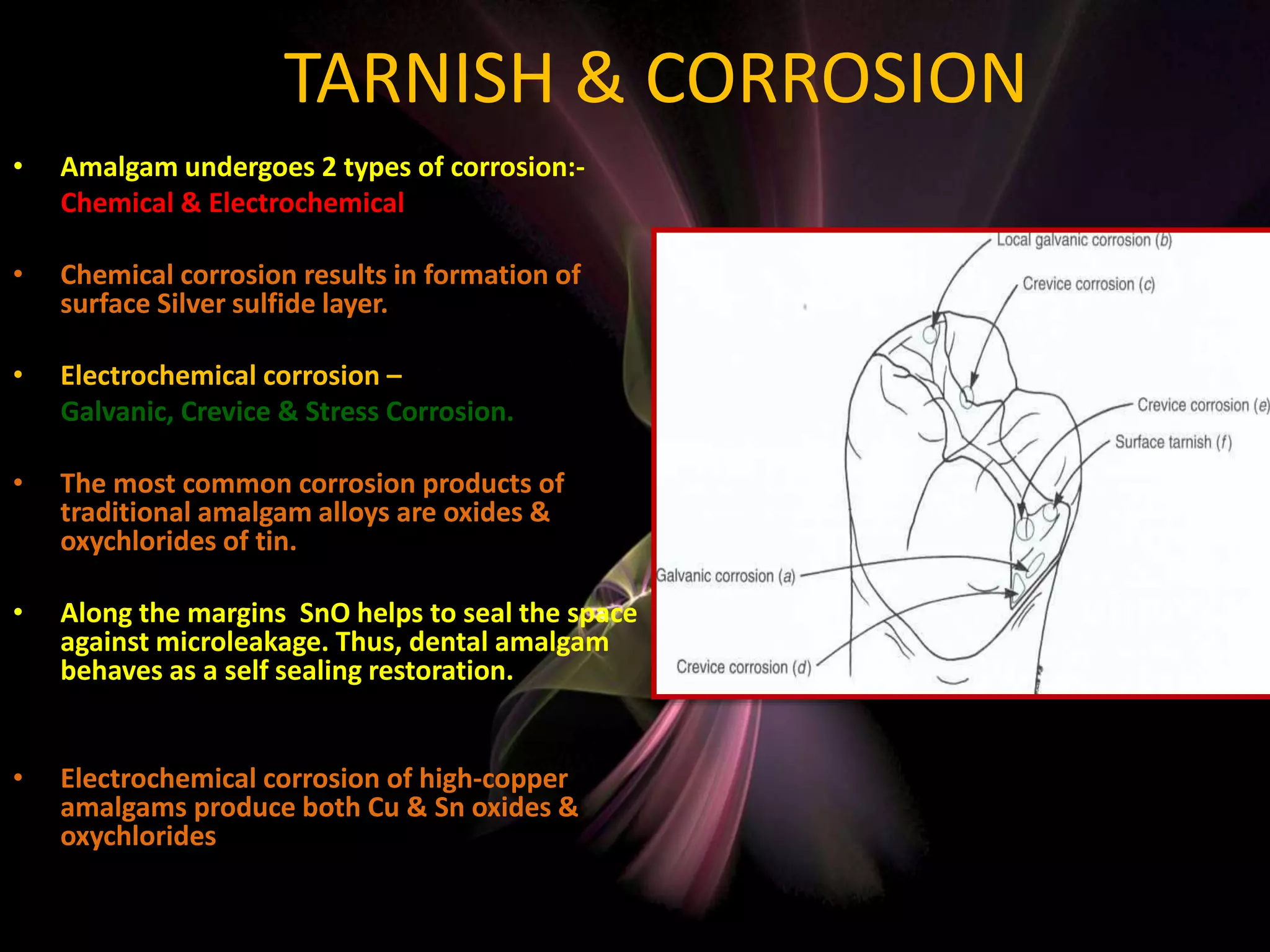 TARNISH & CORROSION
• Amalgam undergoes 2 types of corrosion:-
Chemical & Electrochemical
• Chemical corrosion results in formation of
surface Silver sulfide layer.
• Electrochemical corrosion –
Galvanic, Crevice & Stress Corrosion.
• The most common corrosion products of
traditional amalgam alloys are oxides &
oxychlorides of tin.
• Along the margins SnO helps to seal the space
against microleakage. Thus, dental amalgam
behaves as a self sealing restoration.
• Electrochemical corrosion of high-copper
amalgams produce both Cu & Sn oxides &
oxychlorides
 