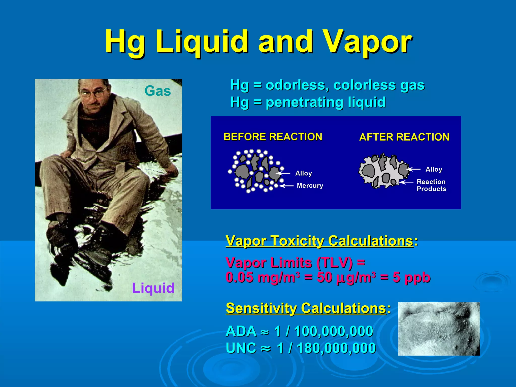 HHgg LLiiqquuiidd aanndd VVaappoorr 
HHgg == ooddoorrlleessss,, ccoolloorrlleessss ggaass 
HHgg == ppeenneettrraattiinngg lliiqquuiidd 
VVaappoorr LLiimmiittss ((TTLLVV)) == 
00..005 mmgg//mm33 == 500 mgg//mm33 == 5 ppppbb 
Gas 
Liquid 
VVaappoorr TTooxxiicciittyy CCaallccuullaattiioonnss:: 
SSeennssiittiivviittyy CCaallccuullaattiioonnss:: 
AADDAA » 11 // 110000,,000000,,000000 
UUNNCC » 11 // 118800,,000000,,000000 
 