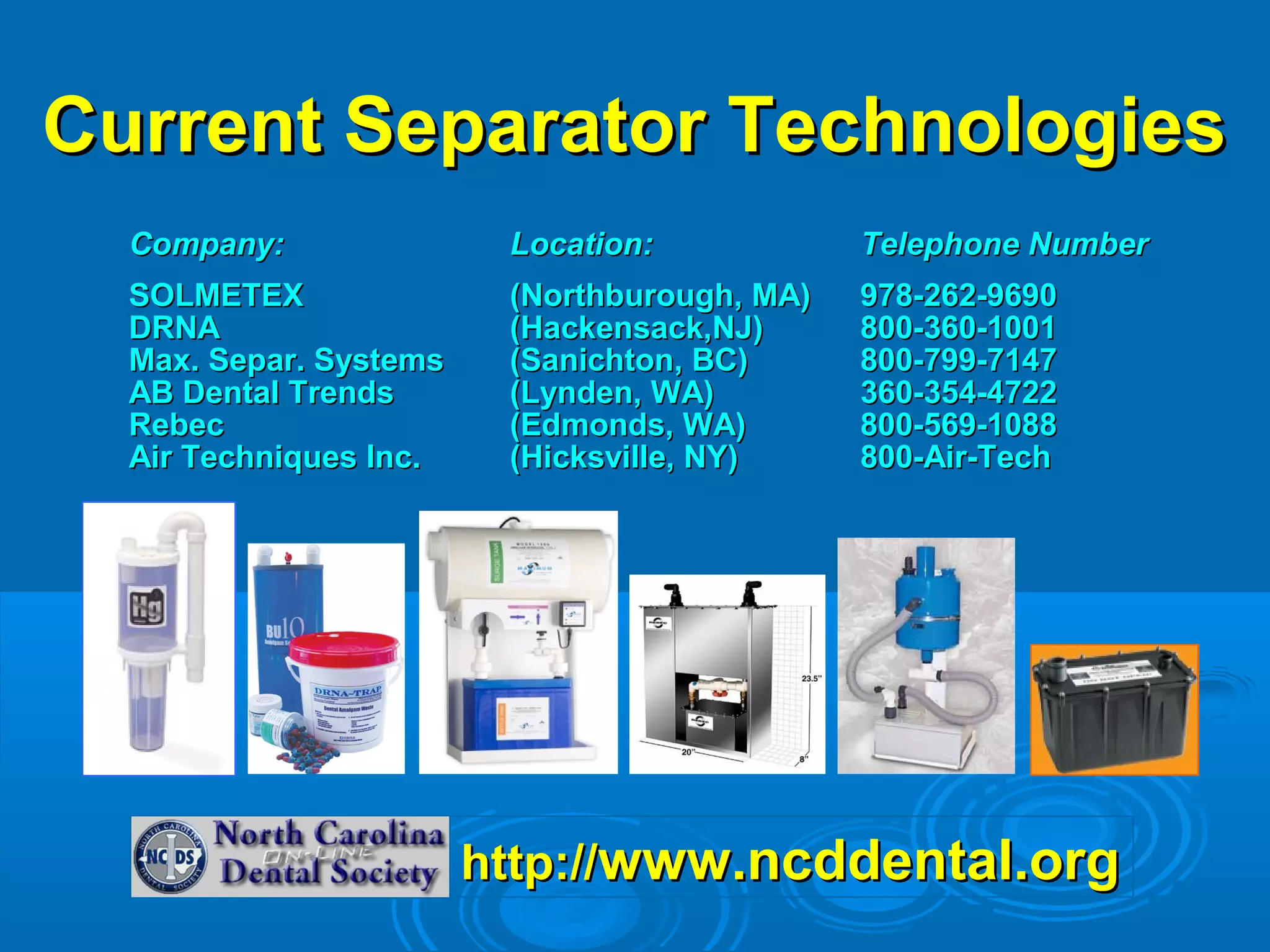 CCuurrrreenntt SSeeppaarraattoorr TTeecchhnnoollooggiieess 
CCoommppaannyy:: LLooccaattiioonn:: TTeelleepphhoonnee NNuummbbeerr 
SSOOLLMMEETTEEXX ((NNoorrtthhbbuurroouugghh,, MMAA)) 997788--226622--9966990 
DDRRNNAA ((HHaacckkeennssaacckk,,NNJJ)) 8800--3660--110011 
MMaaxx.. SSeeppaarr.. SSyysstteemmss ((SSaanniicchhttoonn,, BBCC)) 8800--779999--77114477 
AABB DDeennttaall TTrreennddss ((LLyynnddeenn,, WWAA)) 3660--35544--44772222 
RReebbeecc ((EEddmmoonnddss,, WWAA)) 8800--556699--1108888 
AAiirr TTeecchhnniiqquueess IInncc.. ((HHiicckkssvviillllee,, NNYY)) 8800--AAiirr--TTeecchh 
hhttttpp:////wwwwww..nnccddddeennttaall..oorrgg 
 