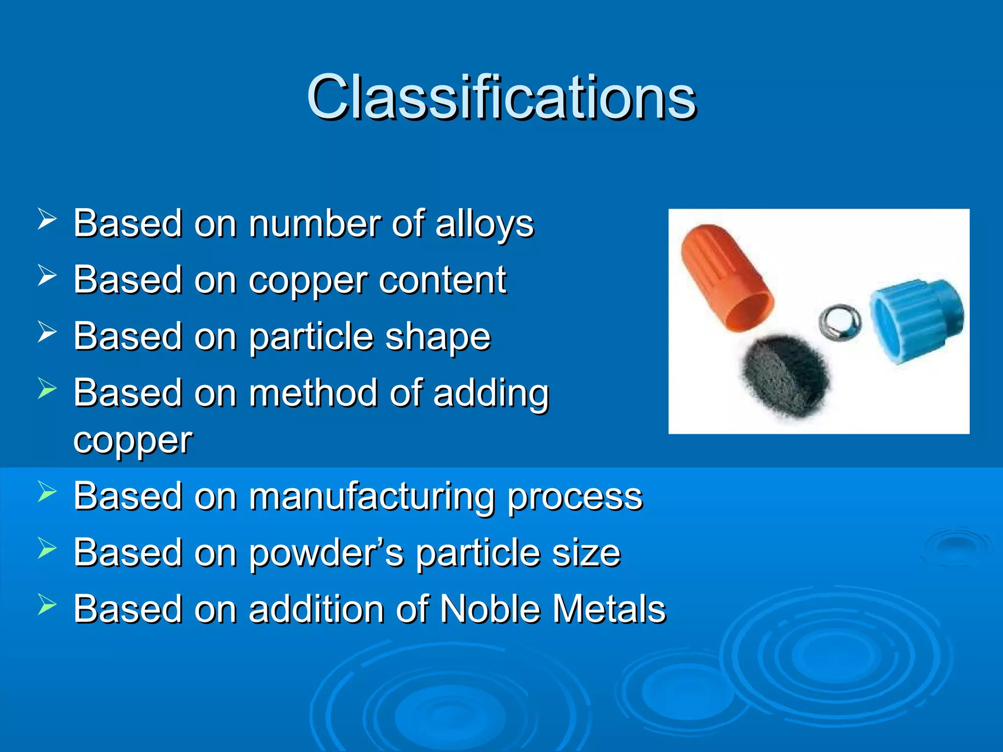 CCllaassssiiffiiccaattiioonnss 
 BBaasseedd oonn nnuummbbeerr ooff aallllooyyss 
 BBaasseedd oonn ccooppppeerr ccoonntteenntt 
 BBaasseedd oonn ppaarrttiiccllee sshhaappee 
 BBaasseedd oonn mmeetthhoodd ooff aaddddiinngg 
ccooppppeerr 
 BBaasseedd oonn mmaannuuffaaccttuurriinngg pprroocceessss 
 BBaasseedd oonn ppoowwddeerr’’ss ppaarrttiiccllee ssiizzee 
 BBaasseedd oonn aaddddiittiioonn ooff NNoobbllee MMeettaallss 
 