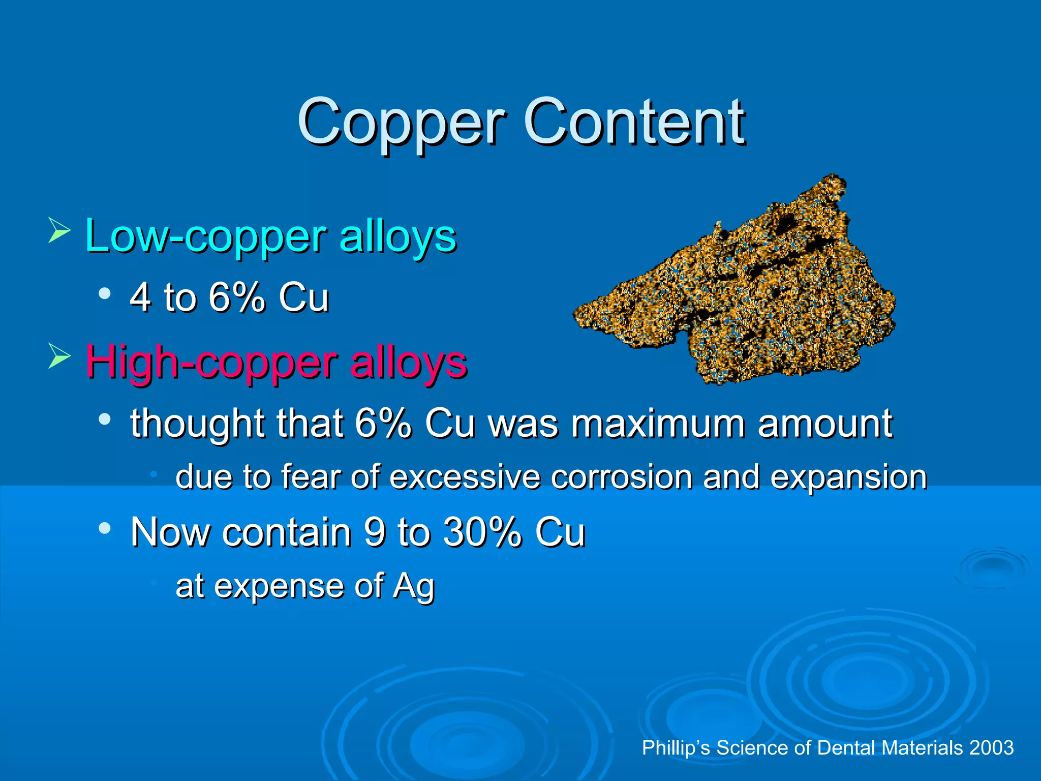 CCooppppeerr CCoonntteenntt 
 LLooww--ccooppppeerr aallllooyyss 
 44 ttoo 66%% CCuu 
 HHiigghh--ccooppppeerr aallllooyyss 
 tthhoouugghhtt tthhaatt 66%% CCuu wwaass mmaaxxiimmuumm aammoouunntt 
• dduuee ttoo ffeeaarr ooff eexxcceessssiivvee ccoorrrroossiioonn aanndd eexxppaannssiioonn 
 NNooww ccoonnttaaiinn 99 ttoo 3300%% CCuu 
• aatt eexxppeennssee ooff AAgg 
Phillip’s Science of Dental Materials 2003 
 