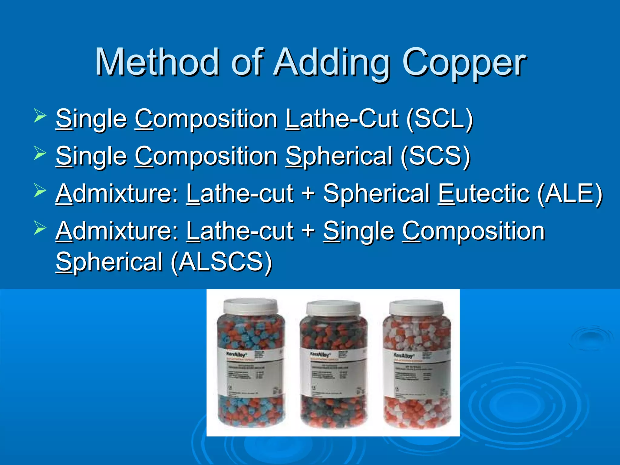 MMeetthhoodd ooff AAddddiinngg CCooppppeerr 
 SSiinnggllee CCoommppoossiittiioonn LLaatthhee--CCuutt ((SSCCLL)) 
 SSiinnggllee CCoommppoossiittiioonn SSpphheerriiccaall ((SSCCSS)) 
 AAddmmiixxttuurree:: LLaatthhee--ccuutt ++ SSpphheerriiccaall EEuutteeccttiicc ((AALLEE)) 
 AAddmmiixxttuurree:: LLaatthhee--ccuutt ++ SSiinnggllee CCoommppoossiittiioonn 
SSpphheerriiccaall ((AALLSSCCSS)) 
 