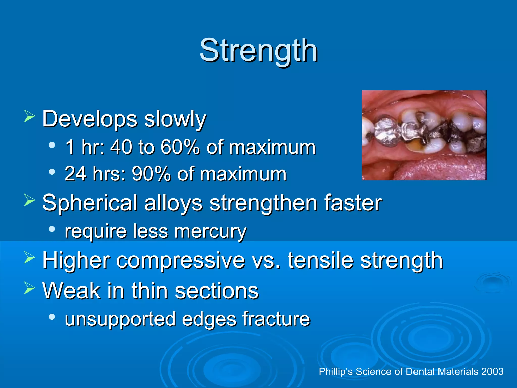 SSttrreennggtthh 
 DDeevveellooppss sslloowwllyy 
 11 hhrr:: 4400 ttoo 6600%% ooff mmaaxxiimmuumm 
 2244 hhrrss:: 9900%% ooff mmaaxxiimmuumm 
 SSpphheerriiccaall aallllooyyss ssttrreennggtthheenn ffaasstteerr 
 rreeqquuiirree lleessss mmeerrccuurryy 
 HHiigghheerr ccoommpprreessssiivvee vvss.. tteennssiillee ssttrreennggtthh 
WWeeaakk iinn tthhiinn sseeccttiioonnss 
 uunnssuuppppoorrtteedd eeddggeess ffrraaccttuurree 
Phillip’s Science of Dental Materials 2003 
 