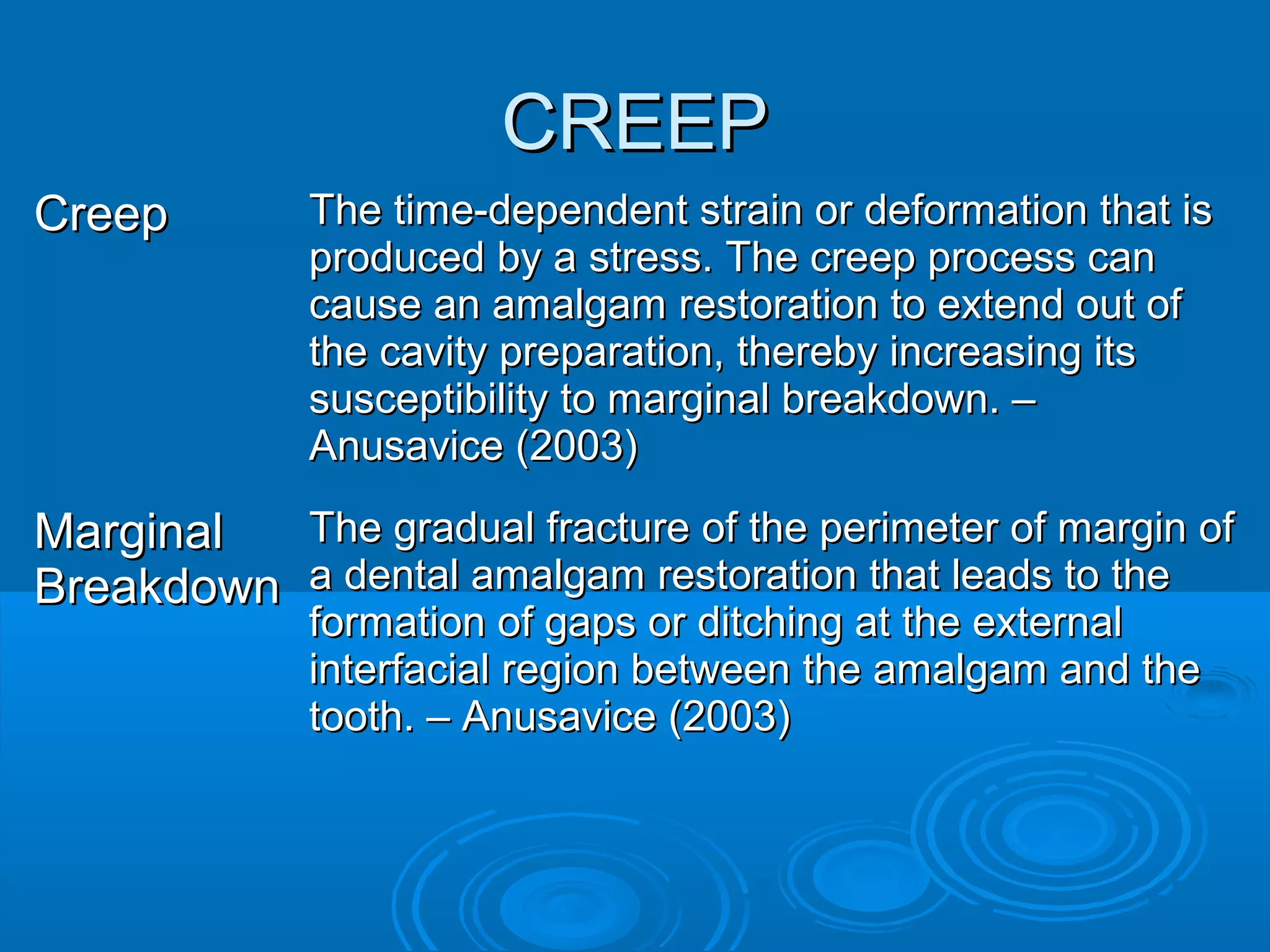 CCRREEEEPP 
CCrreeeepp TThhee ttiimmee--ddeeppeennddeenntt ssttrraaiinn oorr ddeeffoorrmmaattiioonn tthhaatt iiss 
pprroodduucceedd bbyy aa ssttrreessss.. TThhee ccrreeeepp pprroocceessss ccaann 
ccaauussee aann aammaallggaamm rreessttoorraattiioonn ttoo eexxtteenndd oouutt ooff 
tthhee ccaavviittyy pprreeppaarraattiioonn,, tthheerreebbyy iinnccrreeaassiinngg iittss 
ssuusscceeppttiibbiilliittyy ttoo mmaarrggiinnaall bbrreeaakkddoowwnn.. –– 
AAnnuussaavviiccee ((22000033)) 
MMaarrggiinnaall 
BBrreeaakkddoowwnn 
TThhee ggrraadduuaall ffrraaccttuurree ooff tthhee ppeerriimmeetteerr ooff mmaarrggiinn ooff 
aa ddeennttaall aammaallggaamm rreessttoorraattiioonn tthhaatt lleeaaddss ttoo tthhee 
ffoorrmmaattiioonn ooff ggaappss oorr ddiittcchhiinngg aatt tthhee eexxtteerrnnaall 
iinntteerrffaacciiaall rreeggiioonn bbeettwweeeenn tthhee aammaallggaamm aanndd tthhee 
ttooootthh.. –– AAnnuussaavviiccee ((22000033)) 
 